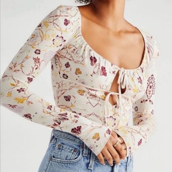 Free People Tops - Free People lightweight bohemian floral tie front long sleeve top sz L